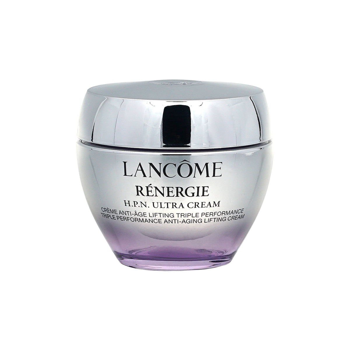 Lancôme Rénergie H.P.N. Ultra Cream in a silver reflective jar with a purple tinted base, on a white background.