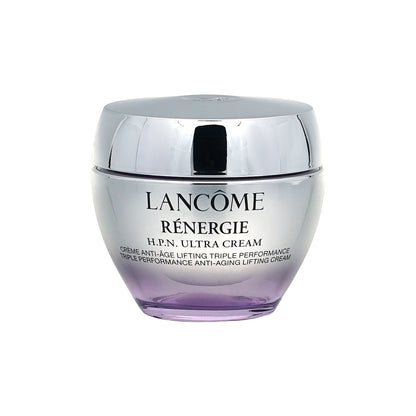 Lancôme Rénergie H.P.N. Ultra Cream in a silver reflective jar with a purple tinted base, on a white background.