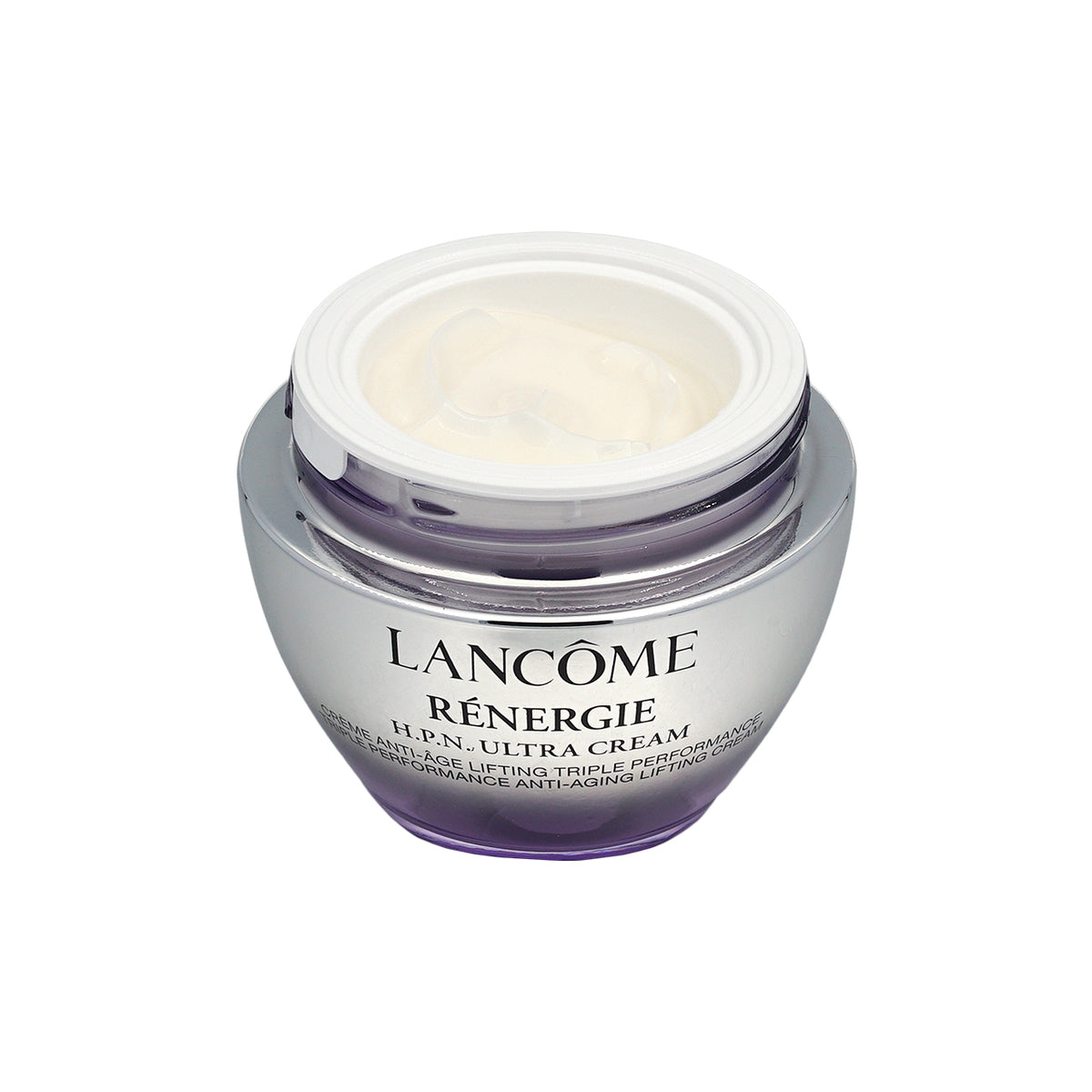 Lancôme Rénergie H.P.N. Ultra Cream in a silver jar with a white lid, showing the cream inside, on a white background.
