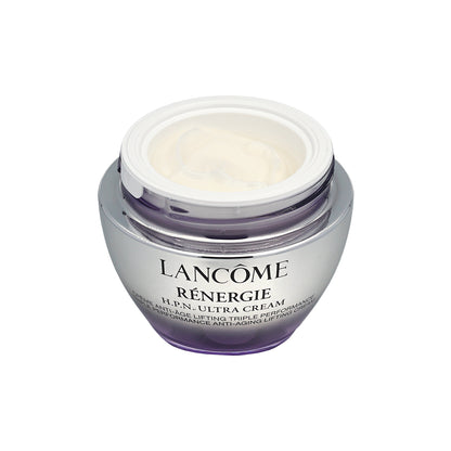 Lancôme Rénergie H.P.N. Ultra Cream in a silver jar with a white lid, showing the cream inside, on a white background.